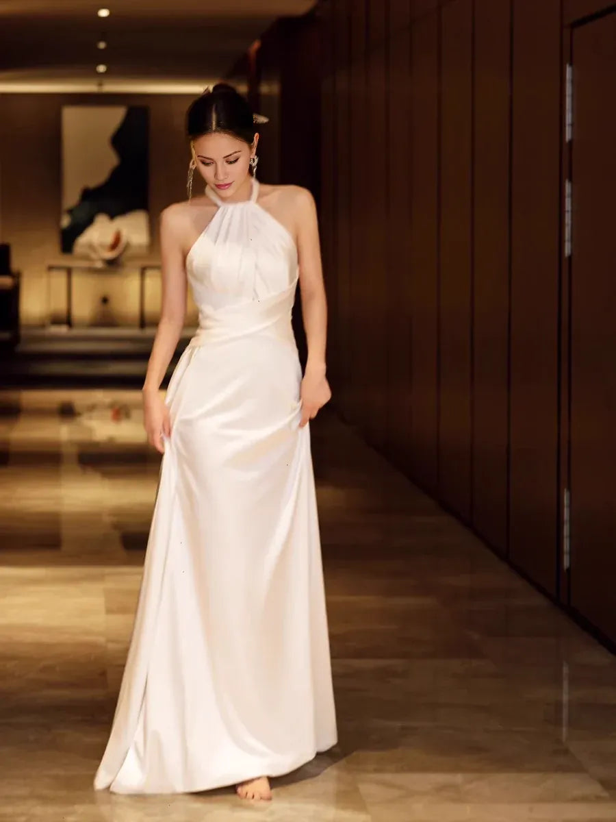 TingPo Wholesale Simple Mermaid Halter Party Dresses Long White Prom Dresses